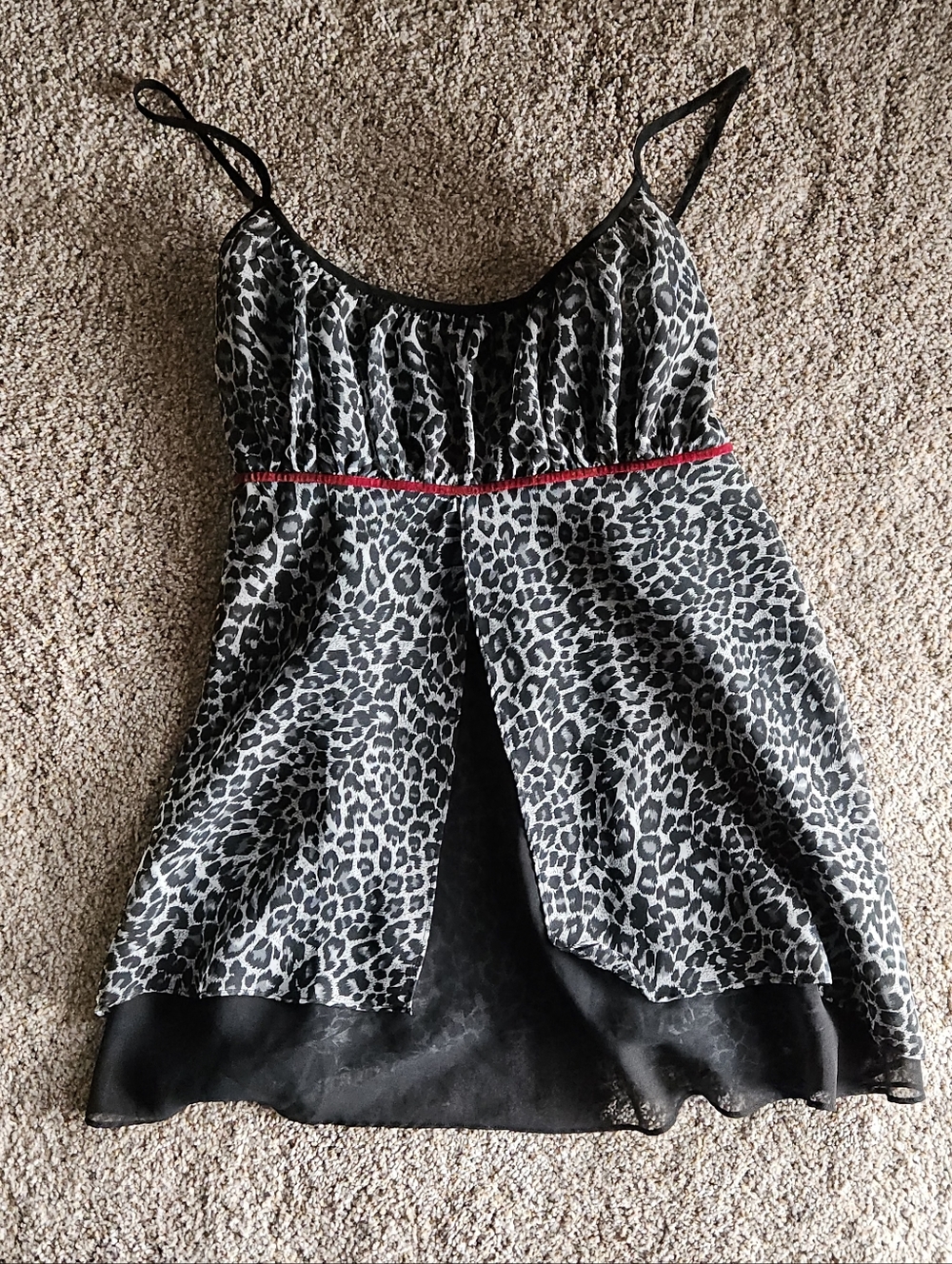 Black and Gray Leopard Print Spaghetti Strap Dress with Red Trim